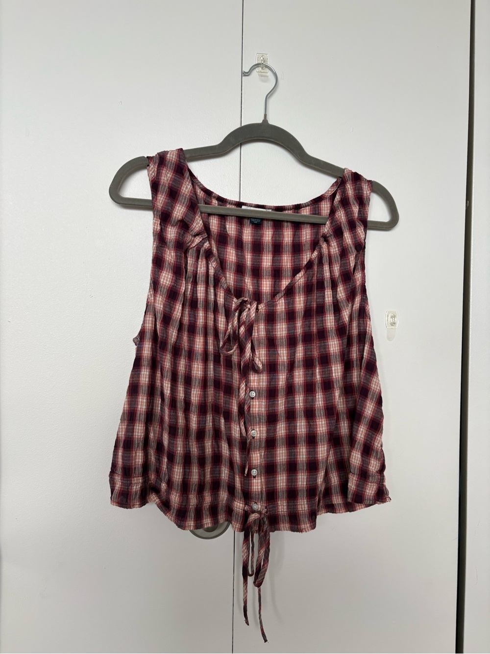 American Eagle Outfitters Burgundy and White Plaid Tie-Front Tank